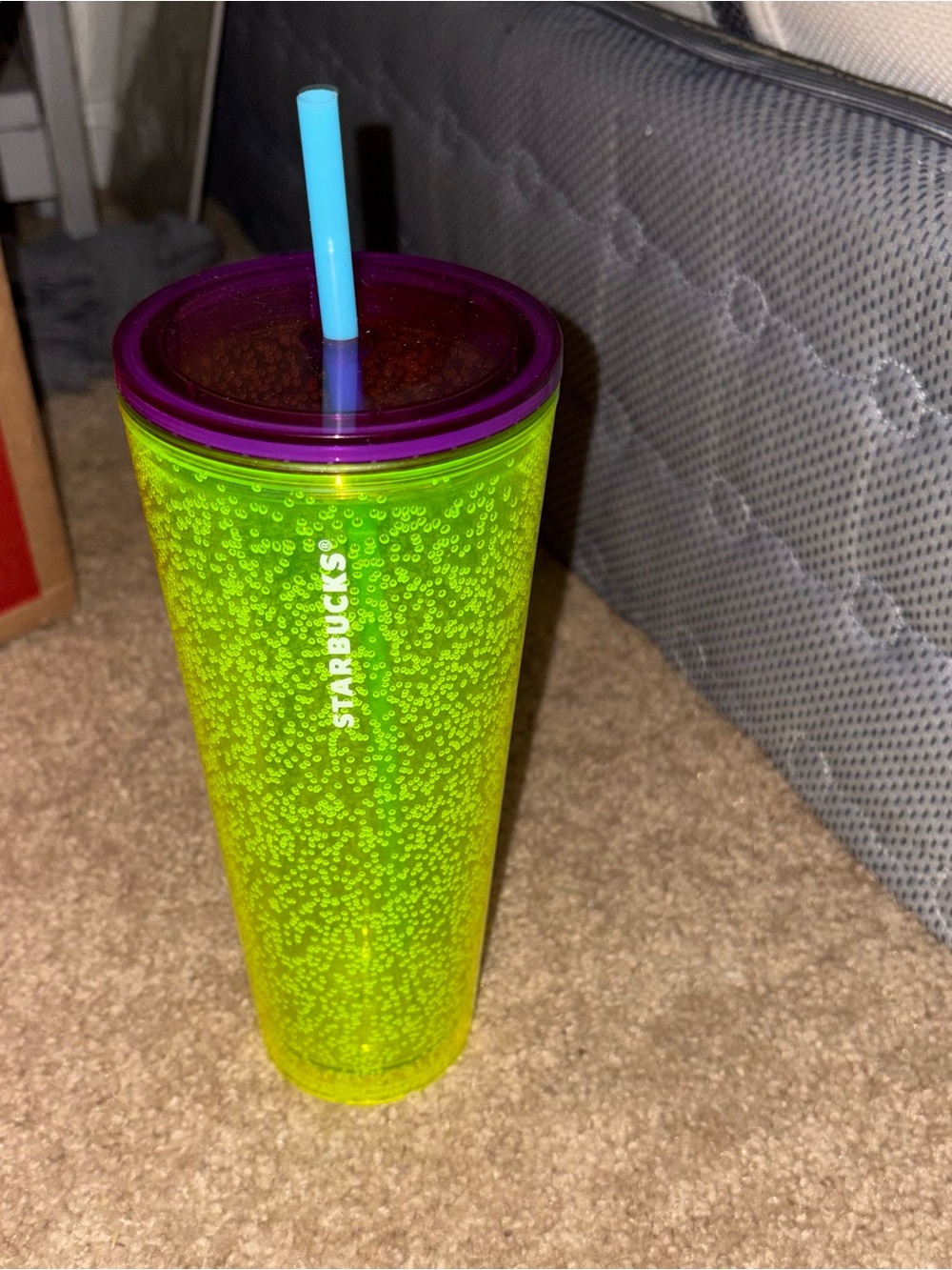 Starbucks Neon Green bubble seed Tumbler with Purple Lid and Blue Straw